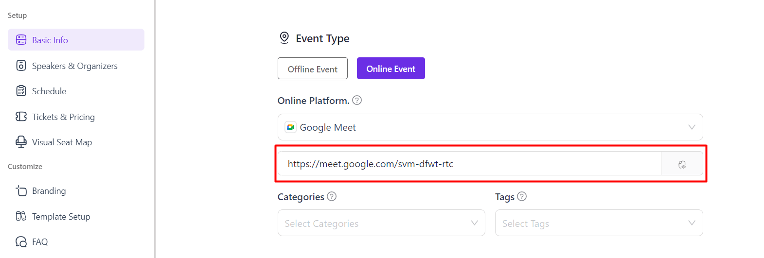 Select Google Meet as online event type in Eventin to generate meeting link