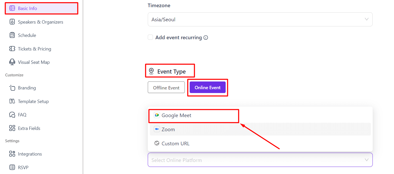 Create new event in Eventin with details for Google Meet integration
