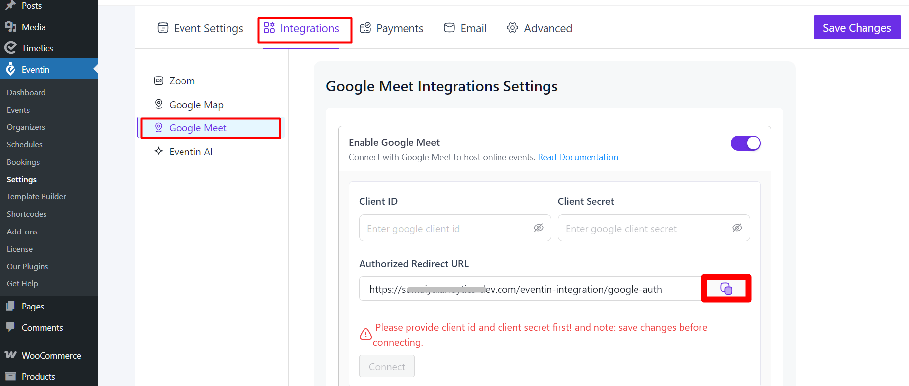 Copy redirect URI from Eventin settings for event calendar sync