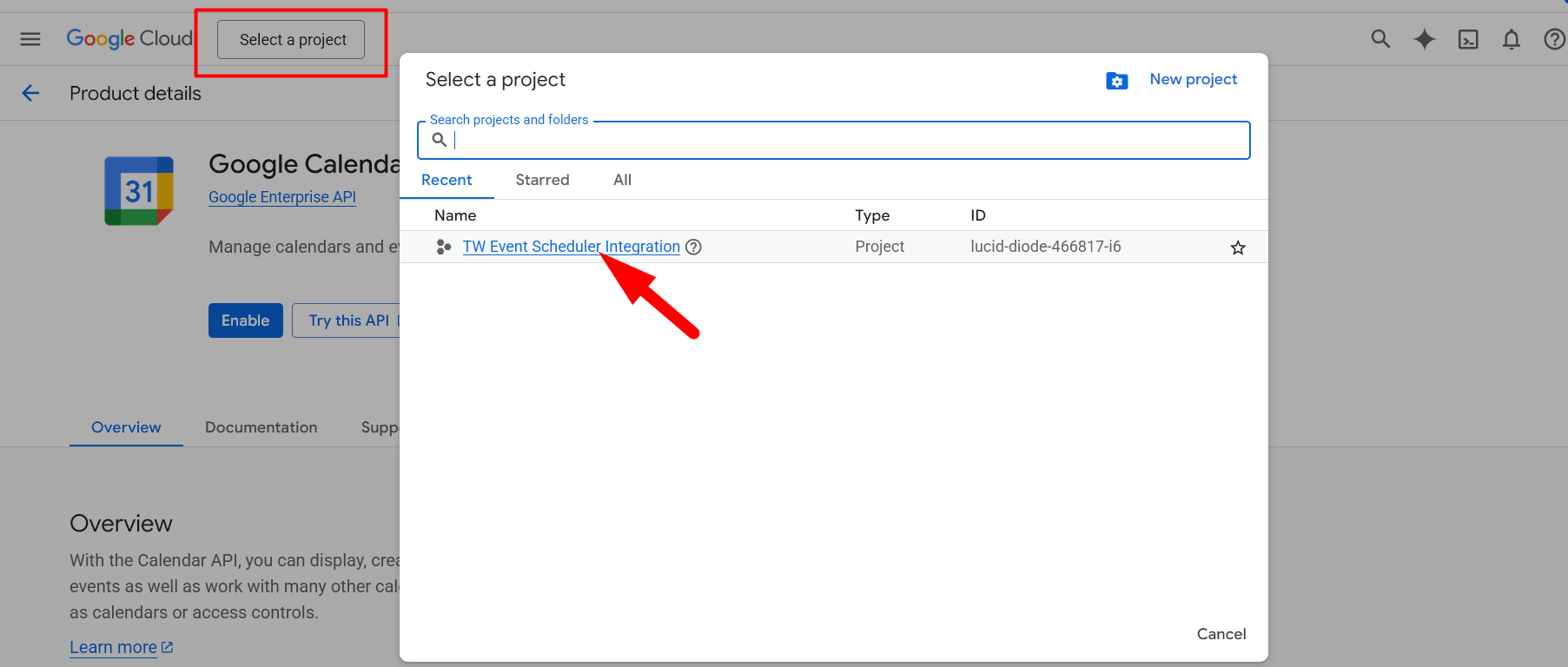 Choose existing project to link Google Calendar with Eventin events