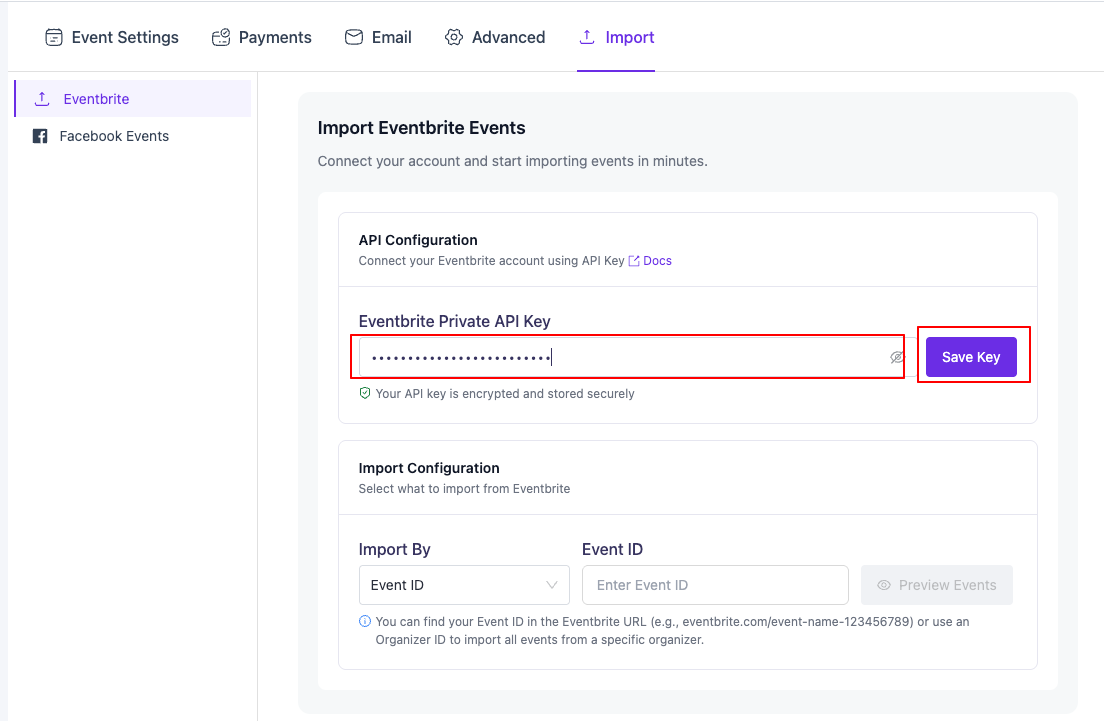 Eventin setting page import section