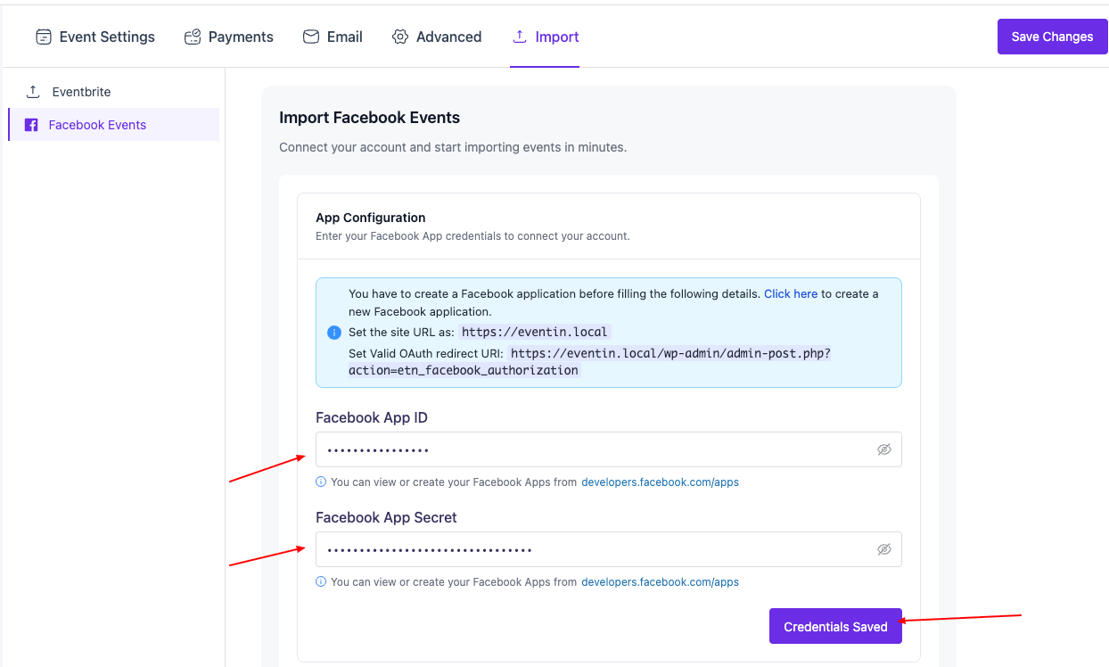 Eventin import settings option