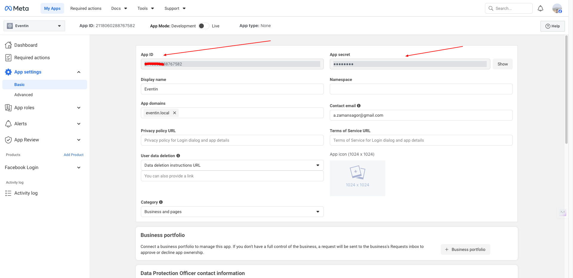 Facebook app dashboard