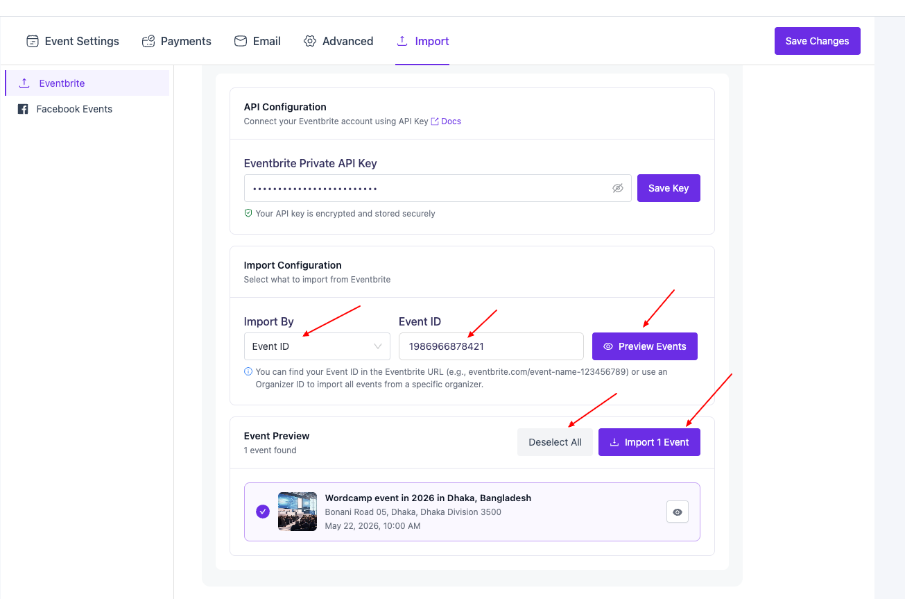 Eventin setting page import section