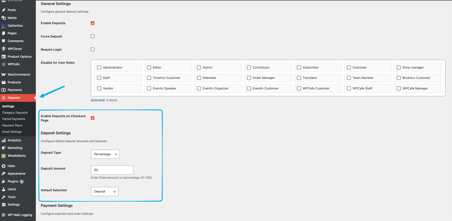 IMAGE PLACEHOLDER: Addons tab highlighting the Deposet plugin toggle in the on state