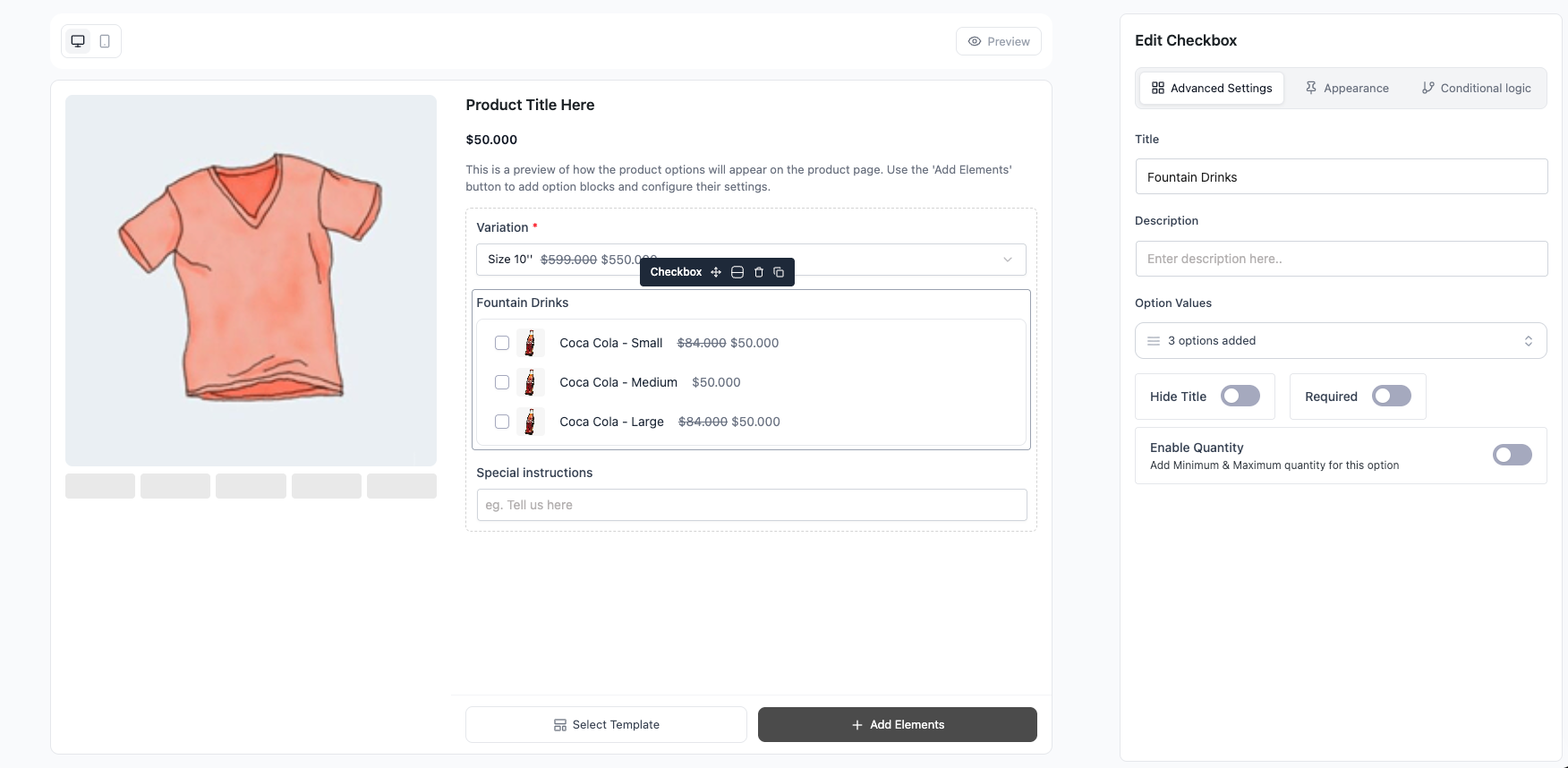 Add-on builder canvas with the Checkbox block dropped in and selected
