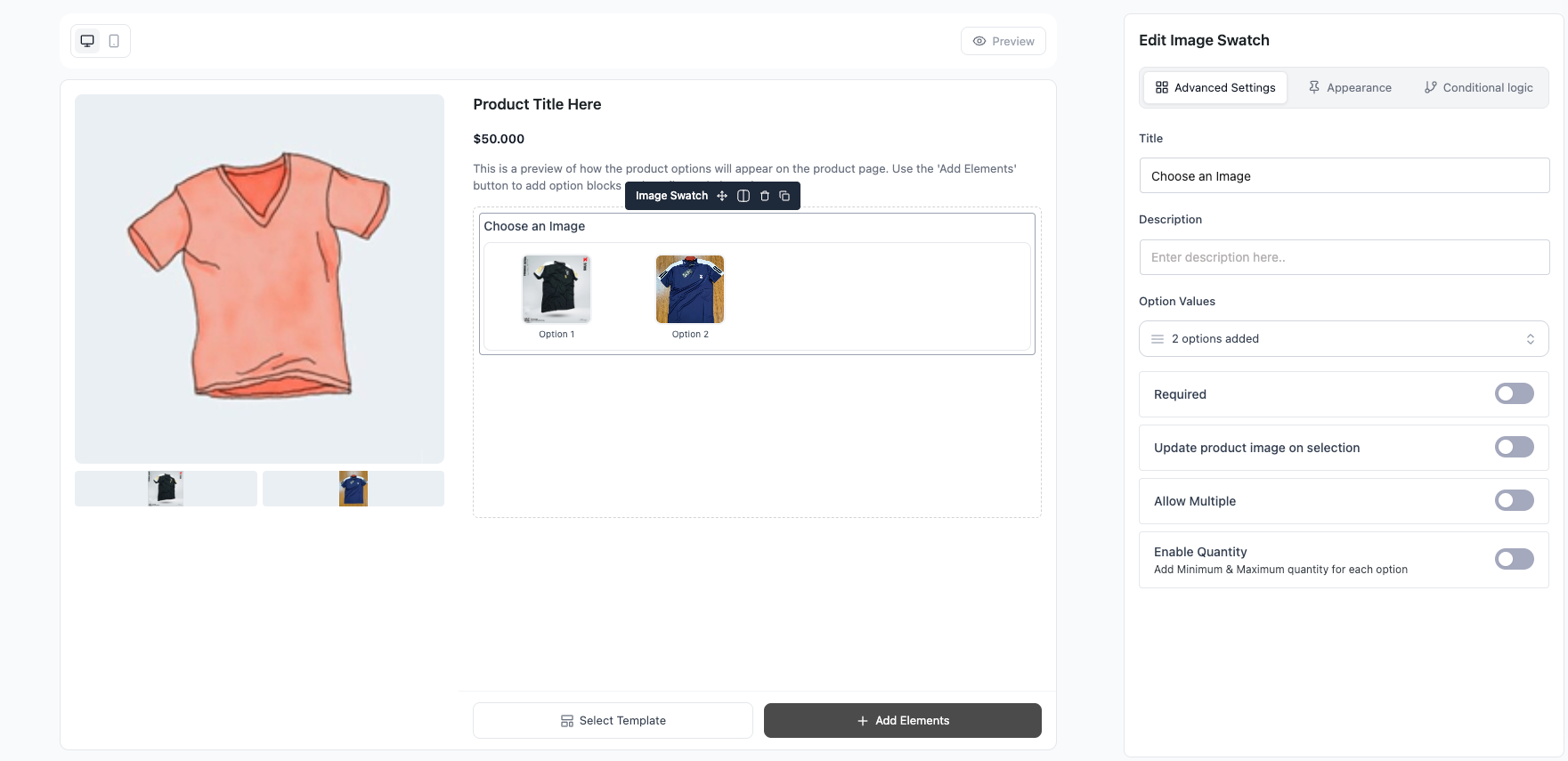 Optiontics Image swatch Settings