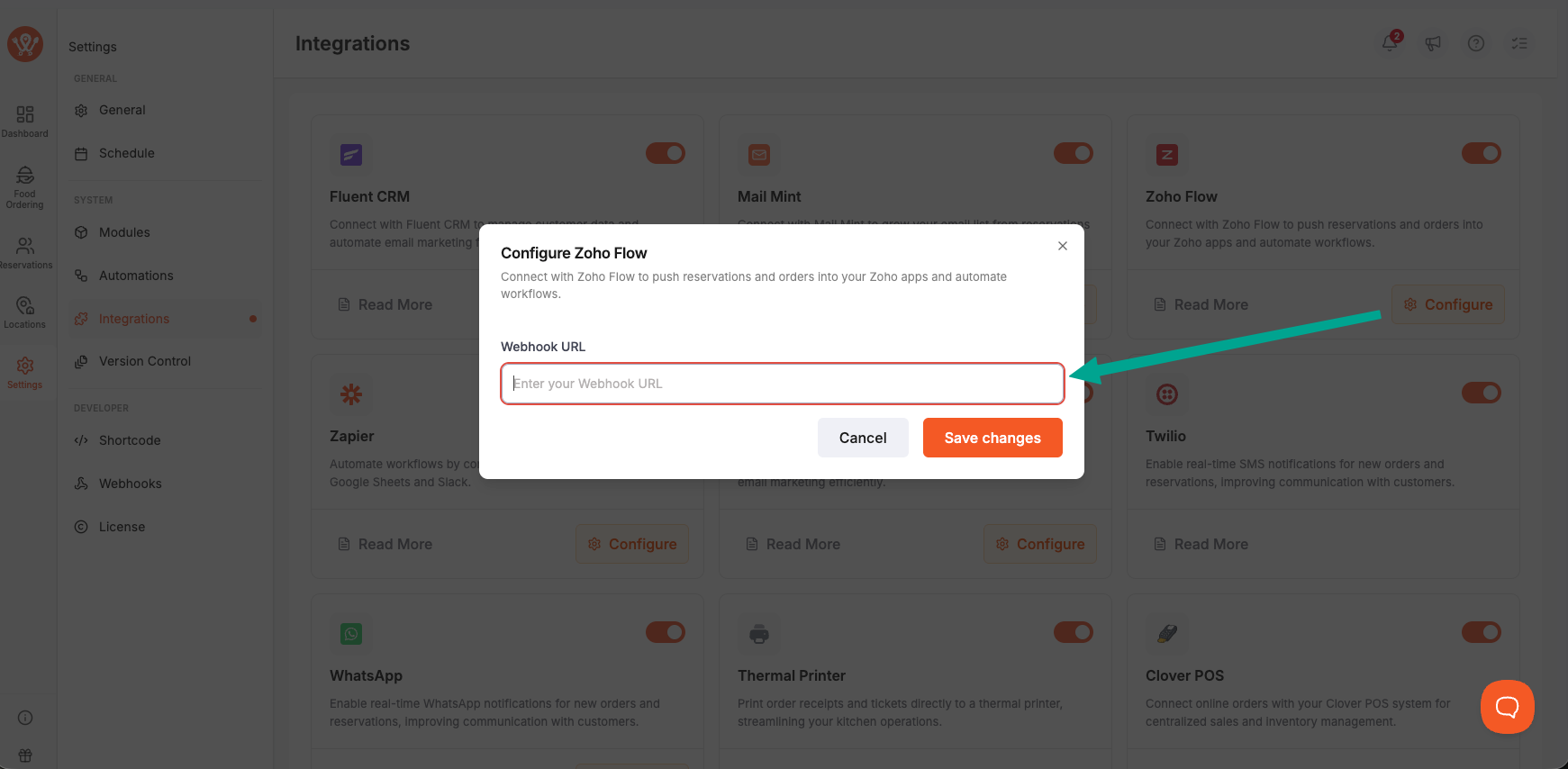 Zoho Flow configure panel in WP Cafe with the Webhook URL field filled and the Save button