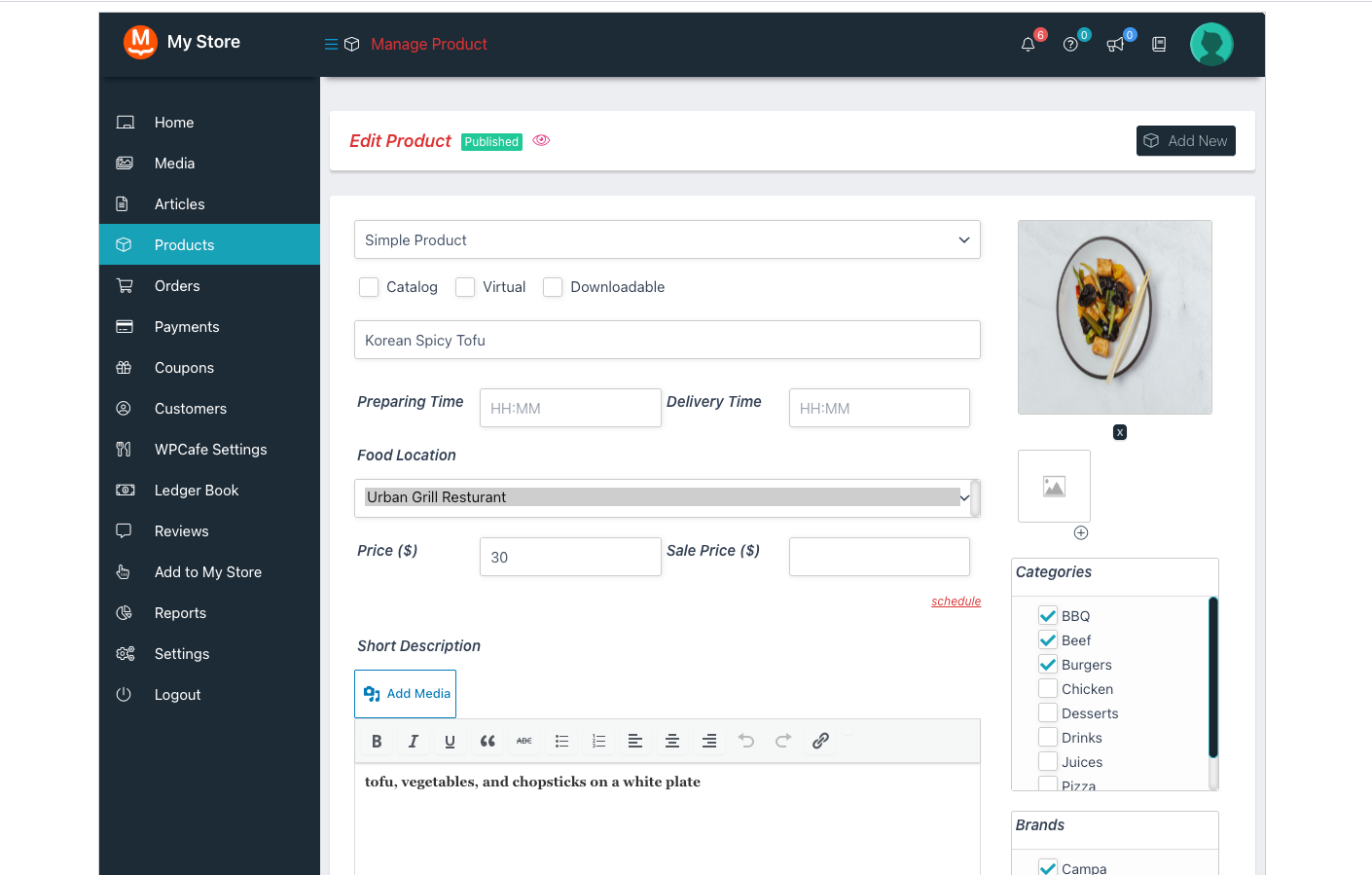 WCFM product form showing the Preparing Time, Delivery Time, and Food Location fields