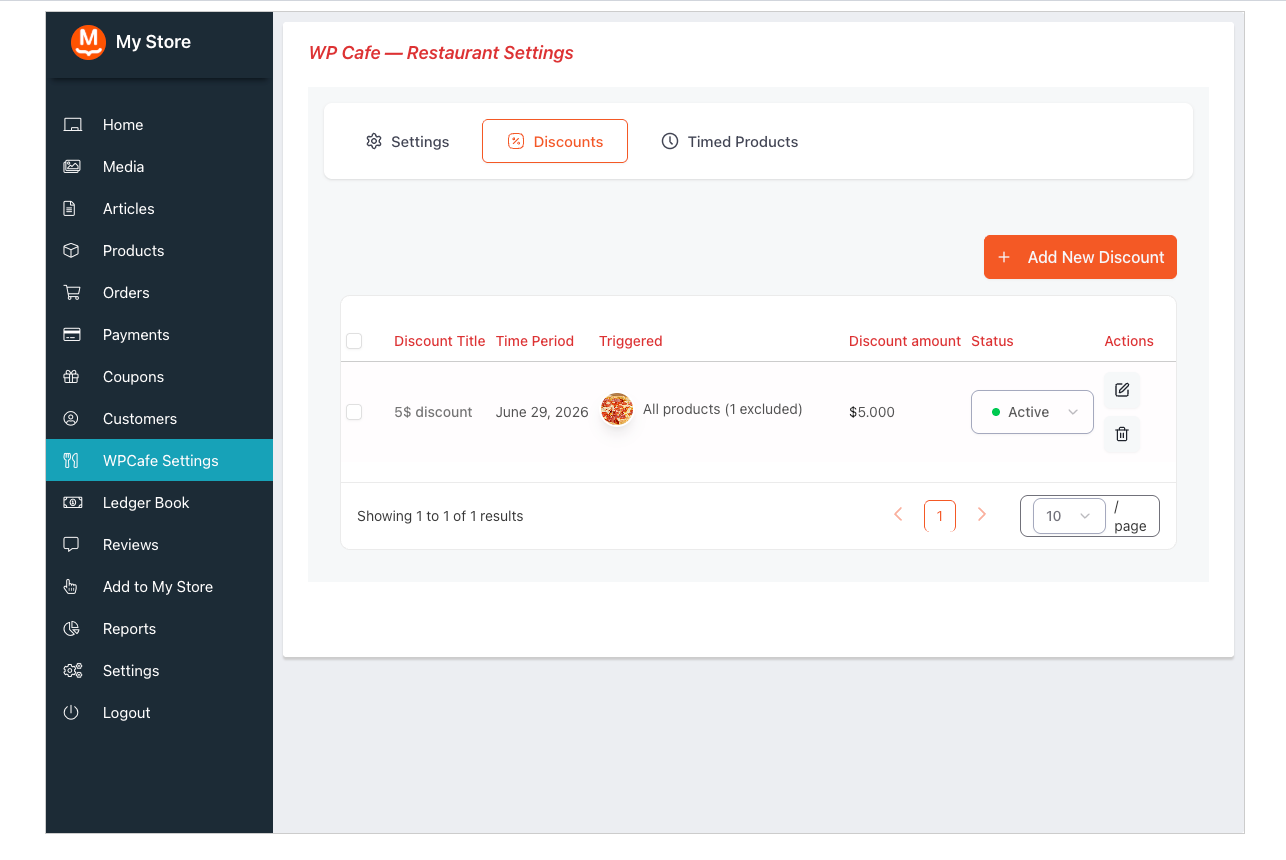 Discounts tab listing a vendor's own discount rules