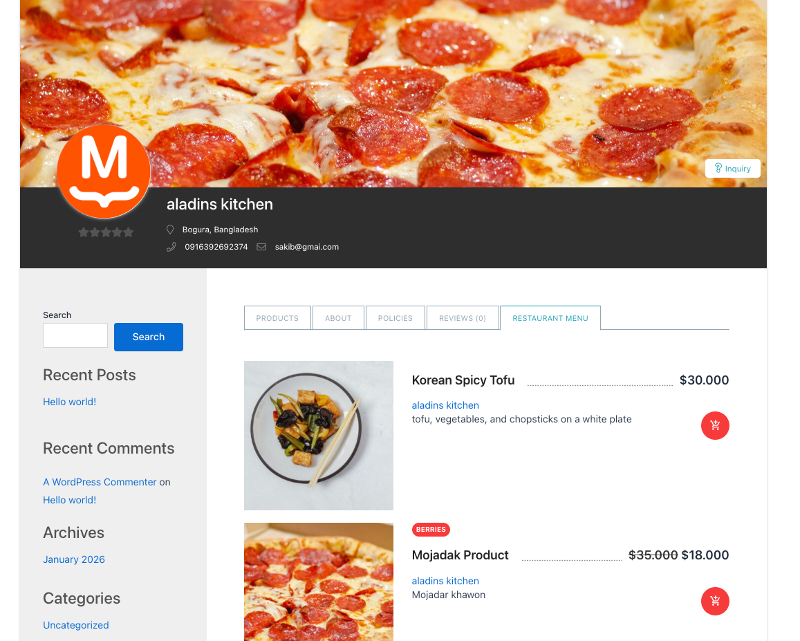 Storefront with the "Restaurant Menu" tab active and the vendor store name on a product card