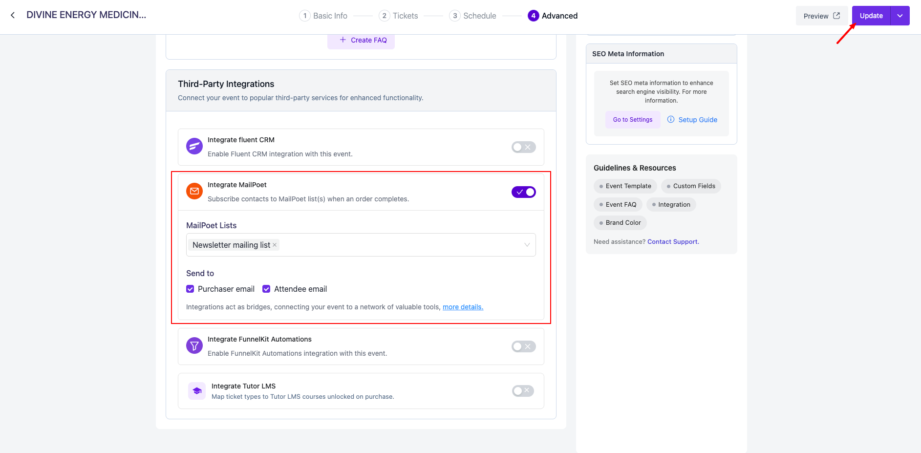 Eventin event page advanced tab