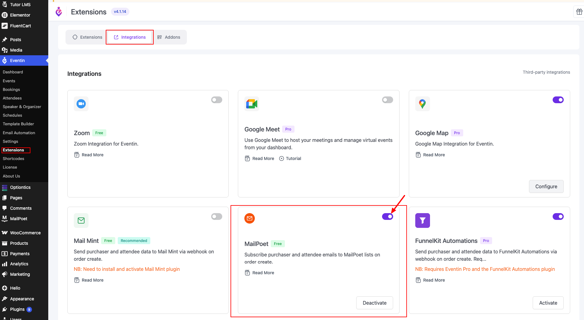 Eventin extension page for enable mailpoet