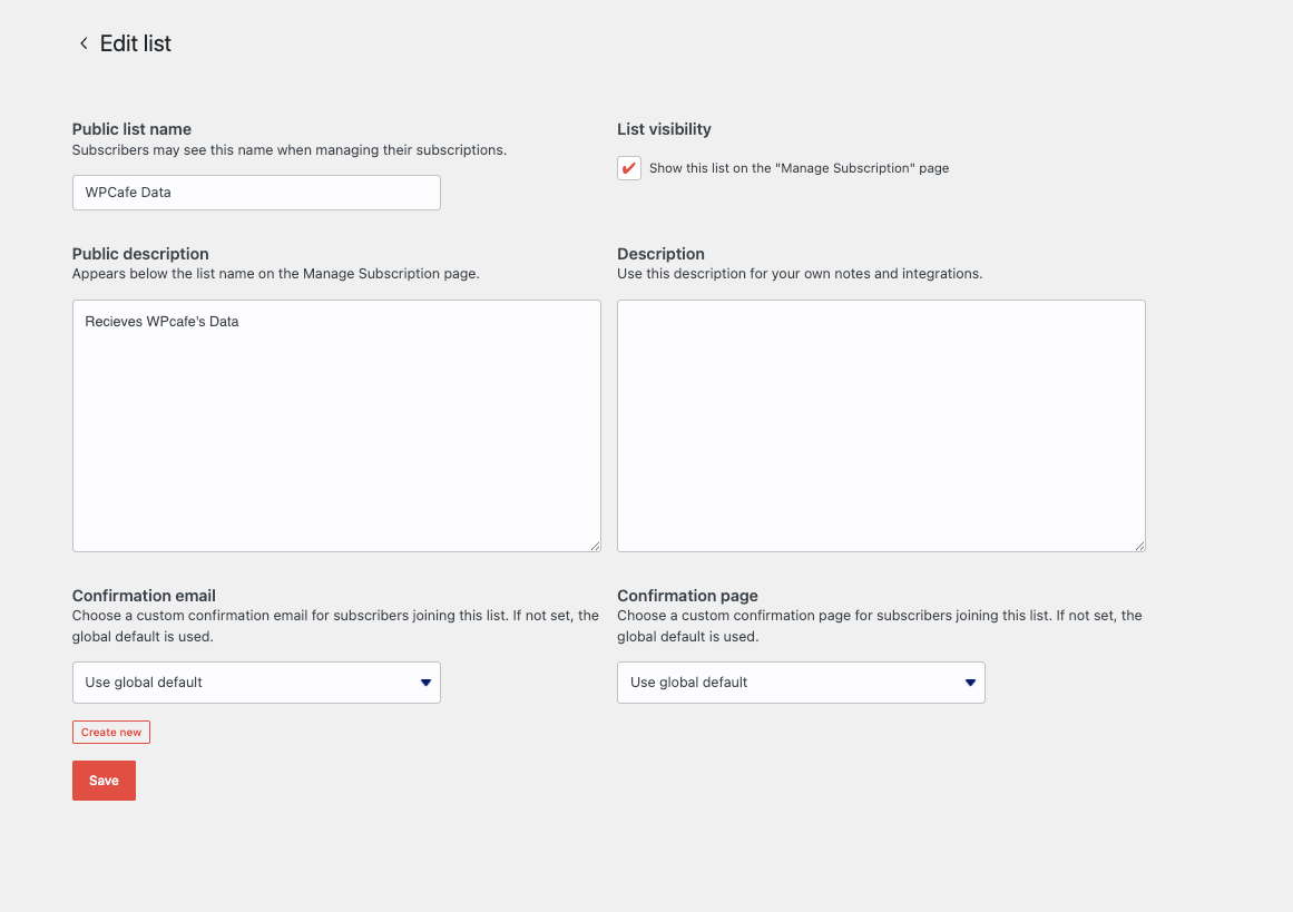 MailPoet Create List page Add New form open.