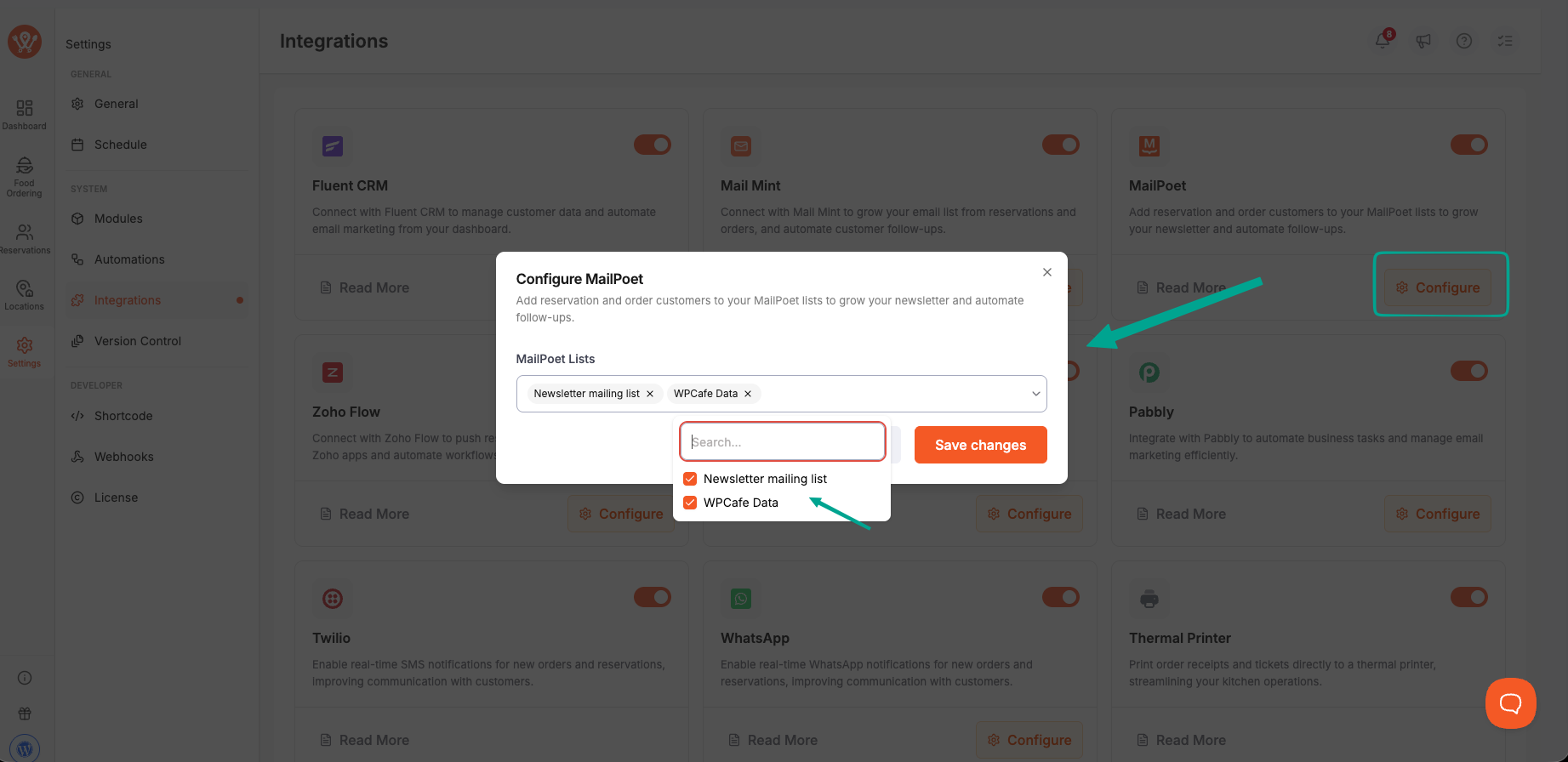 Configure MailPoet modal open, MailPoet Lists multi-select dropdown showing selected lists as chips
