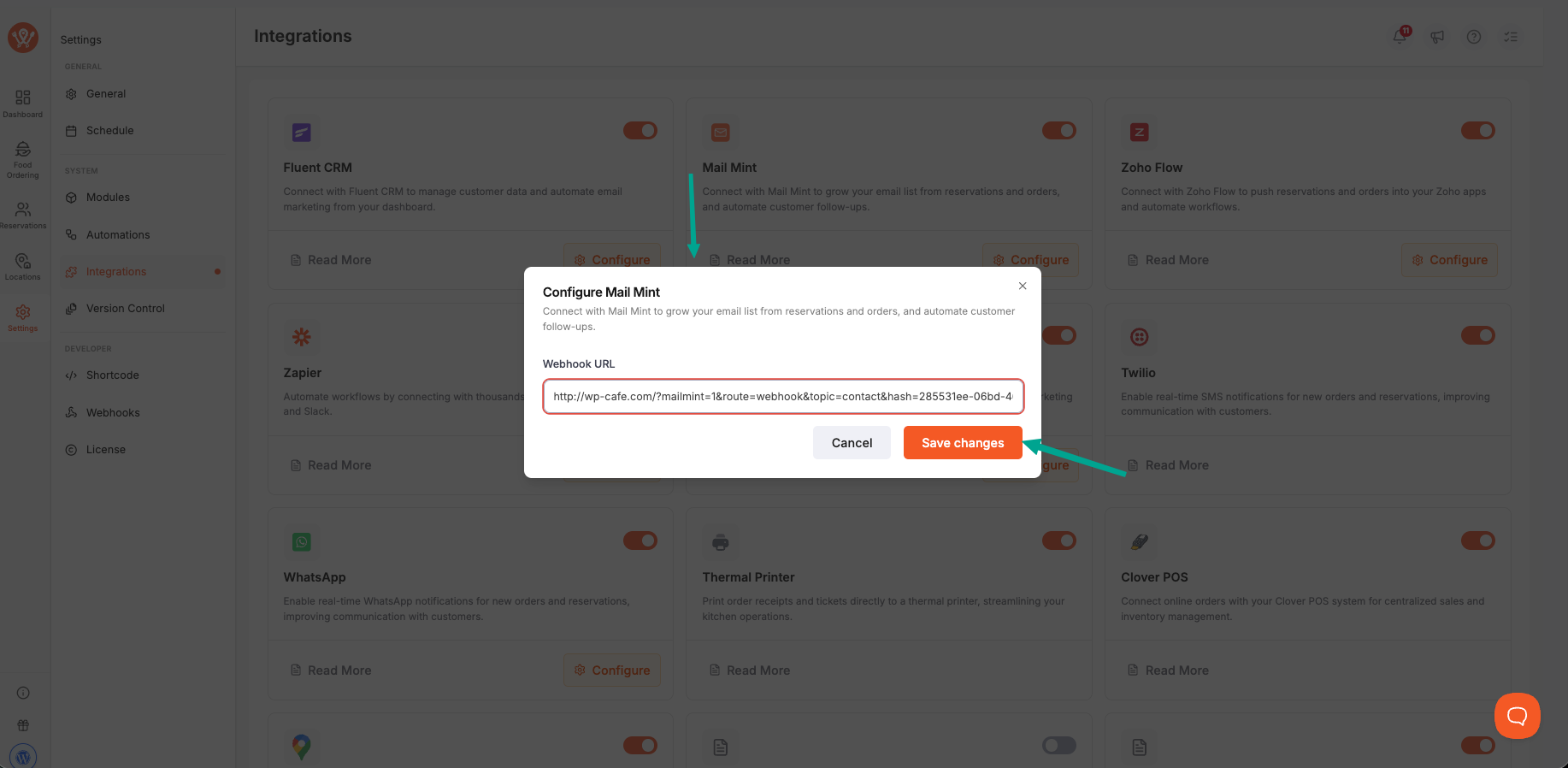 WPCafe integrations page with Mail Mint card toggle switched on