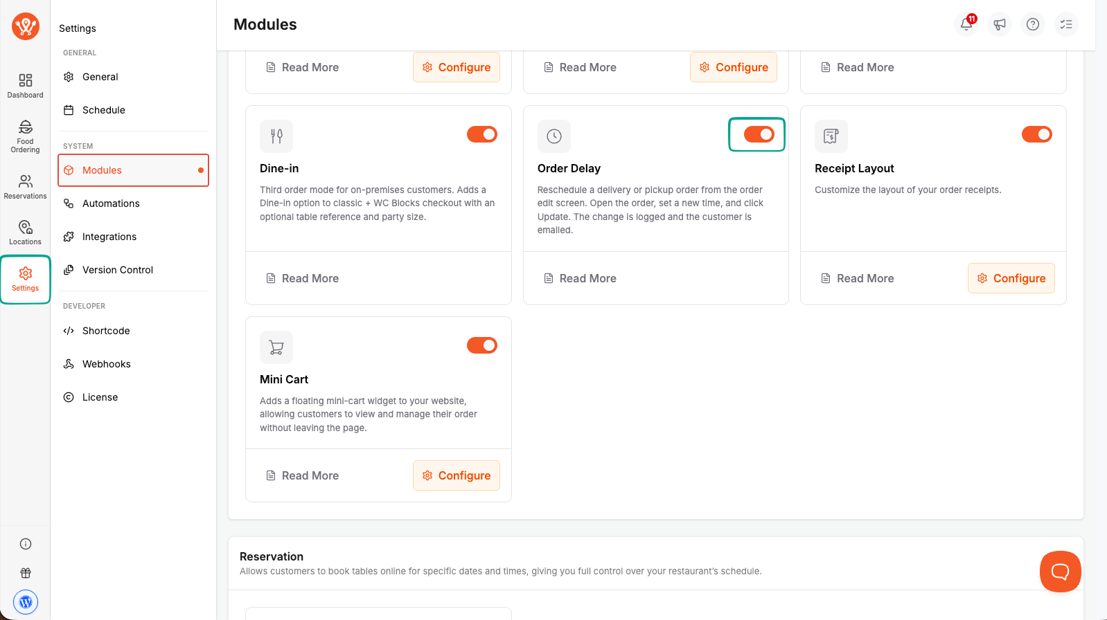 WP Cafe Modules page with the Order Delay module toggle switched on