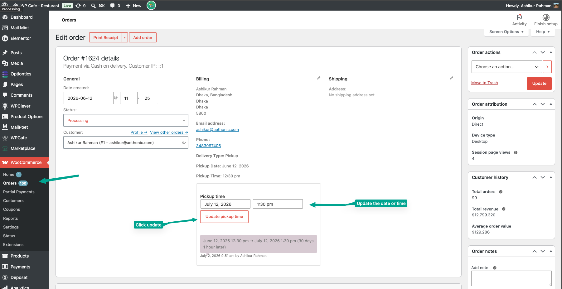 Order Delay card with new date and time selected in the pickers and the Update delivery time button highlighted