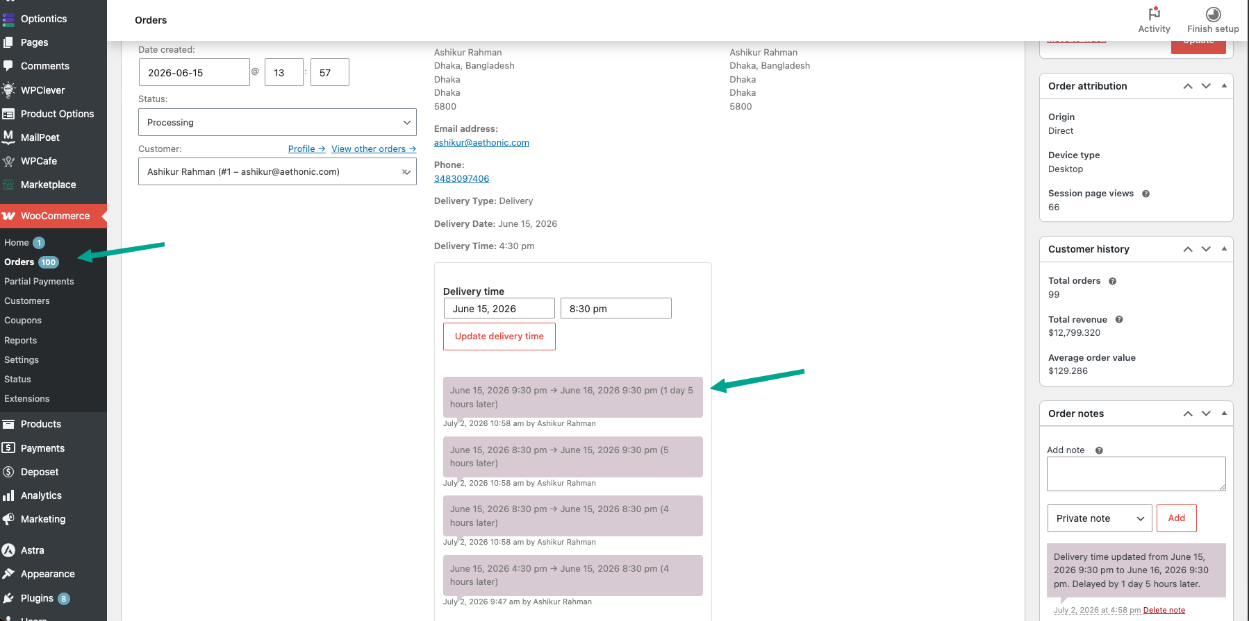 Order Delay change log inside the card showing one row with old time, new time, delay in words, and the staff name and timestamp