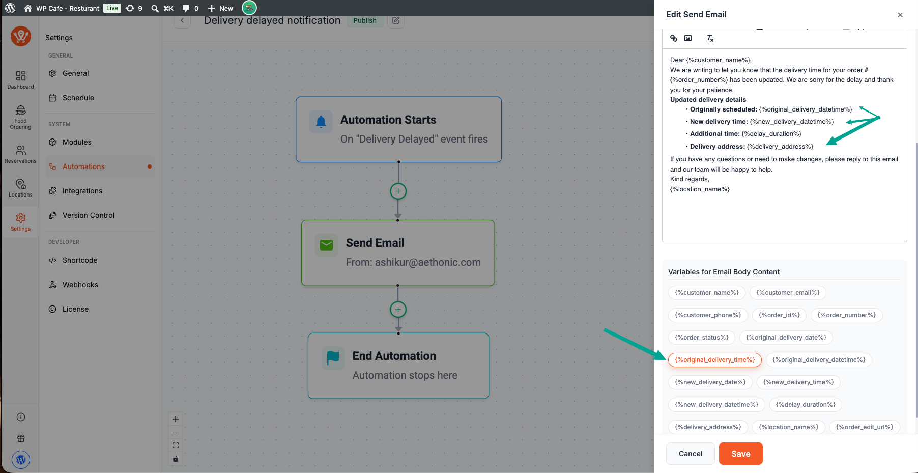 Email Automation flow builder showing the Delivery delayed notification flow with the trigger and send email nodes