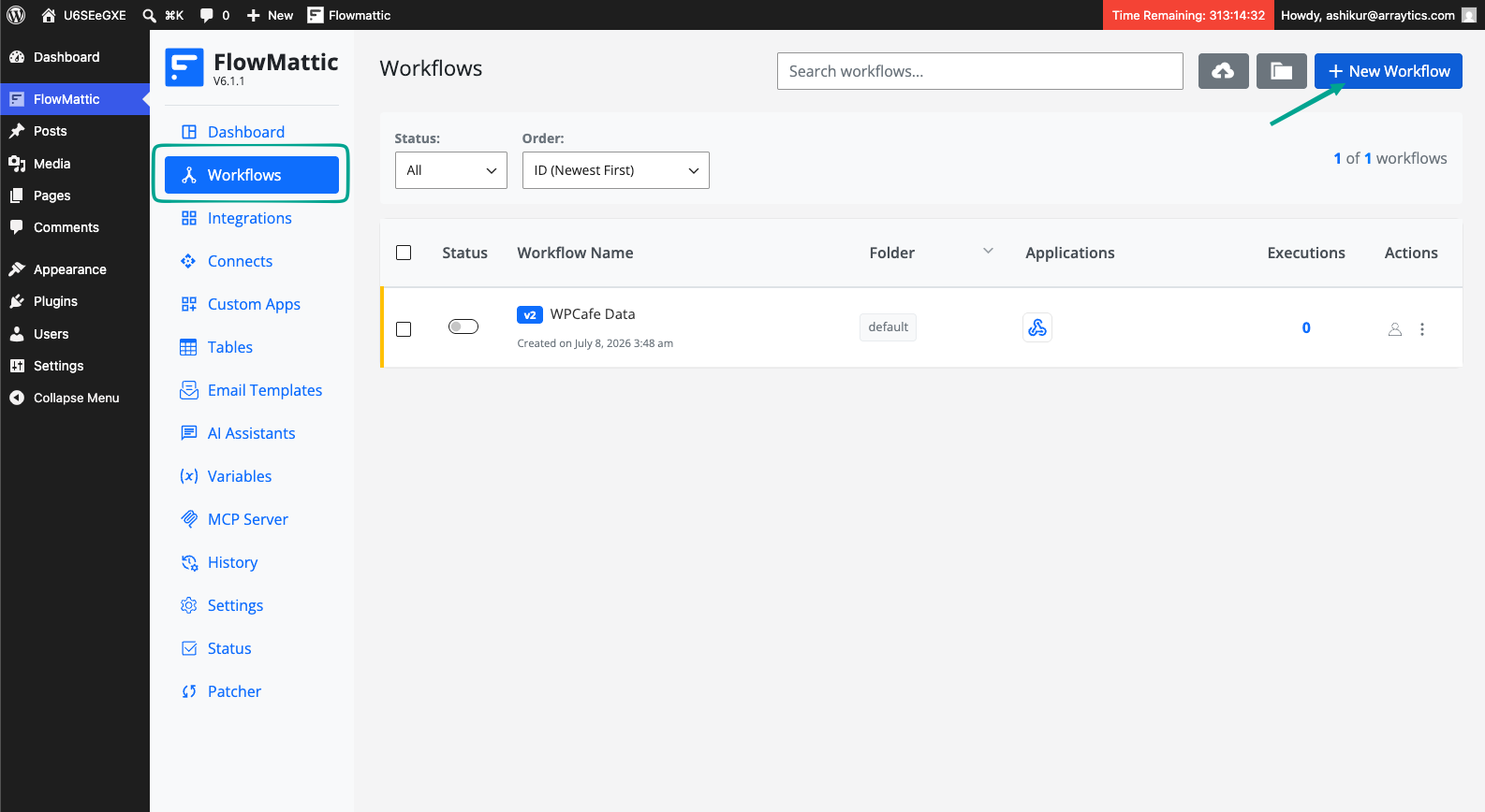 FlowMattic new workflow with the Webhook trigger selected