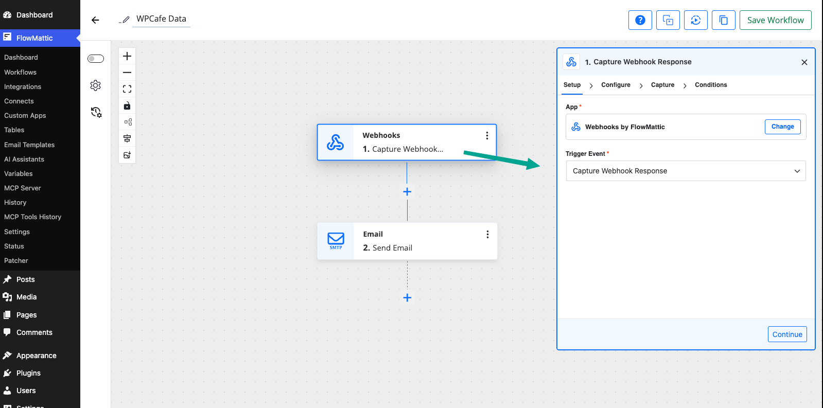 FlowMattic new workflow with the Webhook trigger and app selected