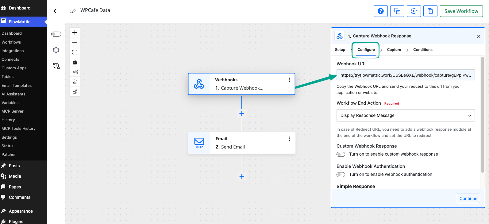 FlowMattic generated webhook URL with the Copy button