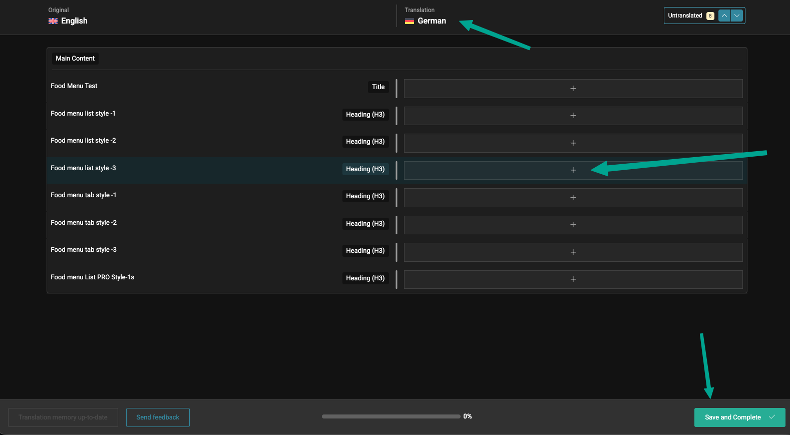 WPML Page string translation page with publish button