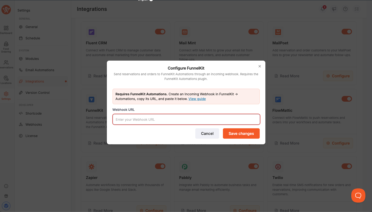 Configure FunnelKit modal showing the highlighted requirement note and the Webhook URL field