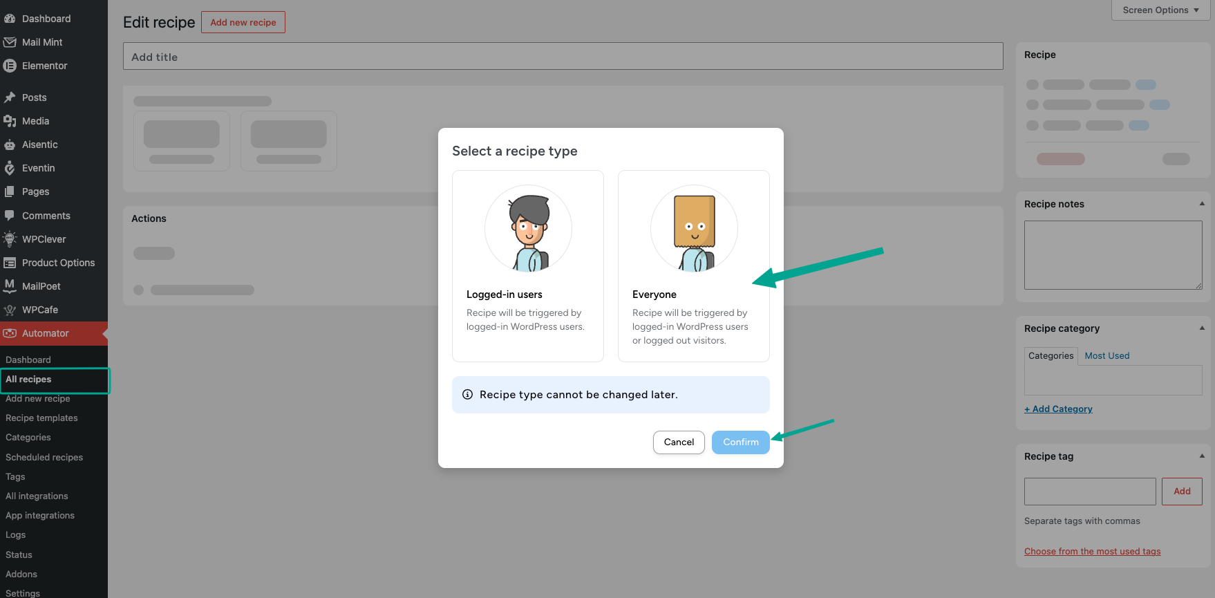 Uncanny Automator recipe list > create recipe modal
