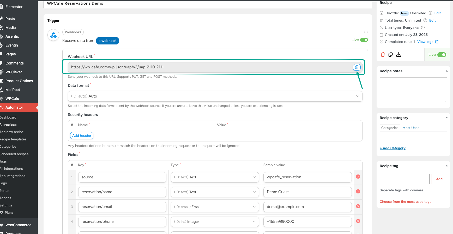 Uncanny Automator Receive data from a webhook trigger showing the webhook URL field