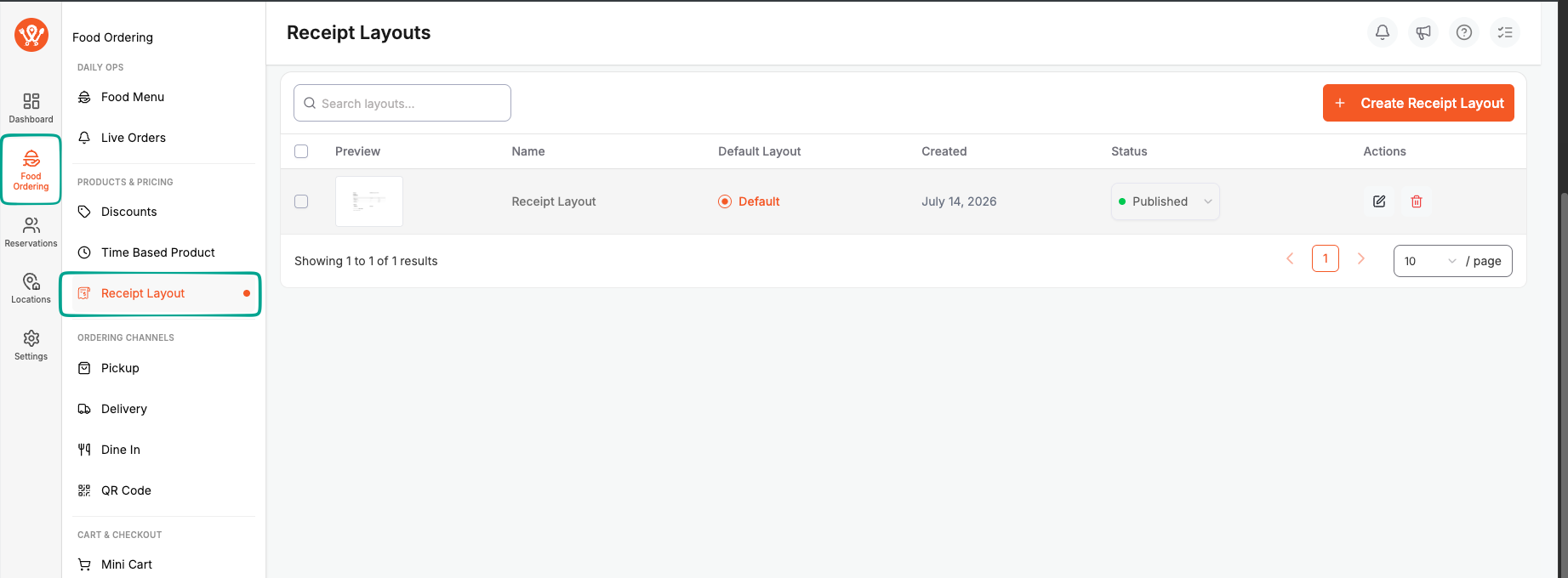 WP Cafe menu path: Food Ordering then Receipt Layout, highlighted