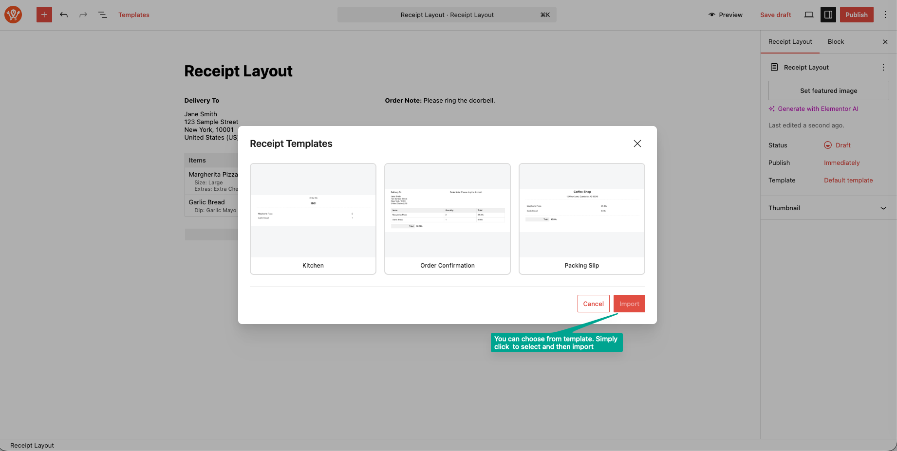 Block editor with the Order Line Items block selected in the canvas