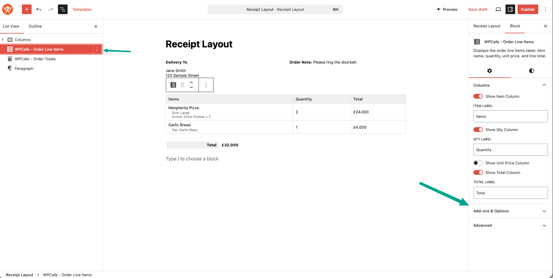 Block editor with the Order Line Items block selected in the canvas
