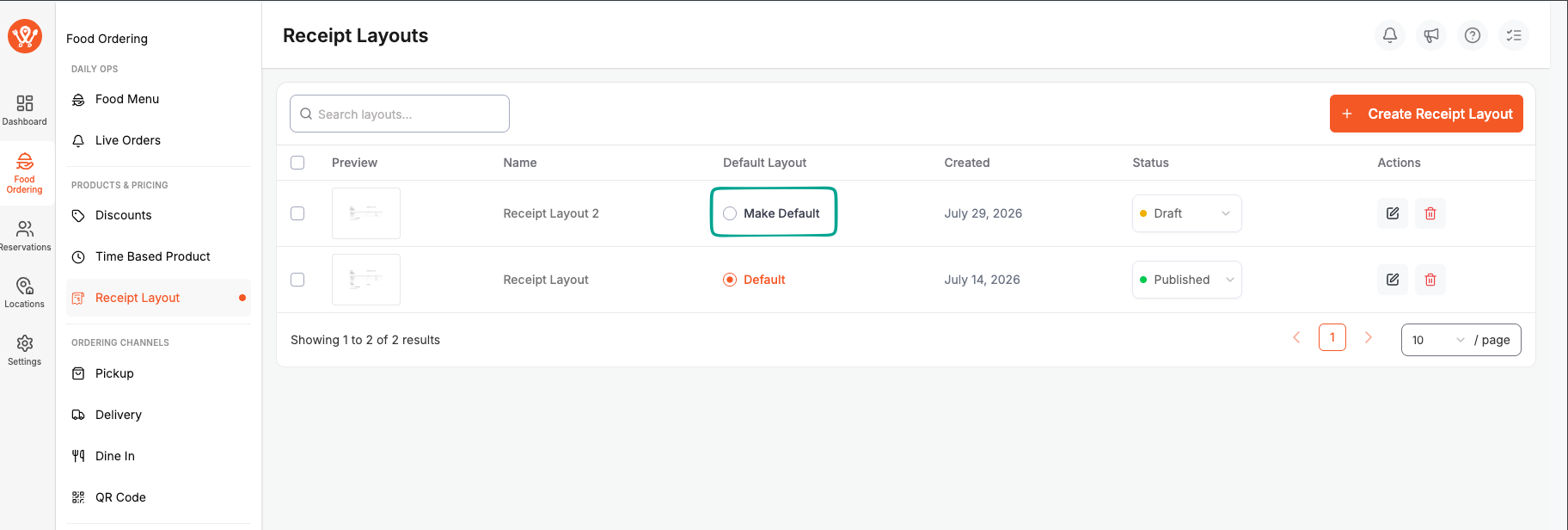 Make default buttion in Recipt layout WPCafe