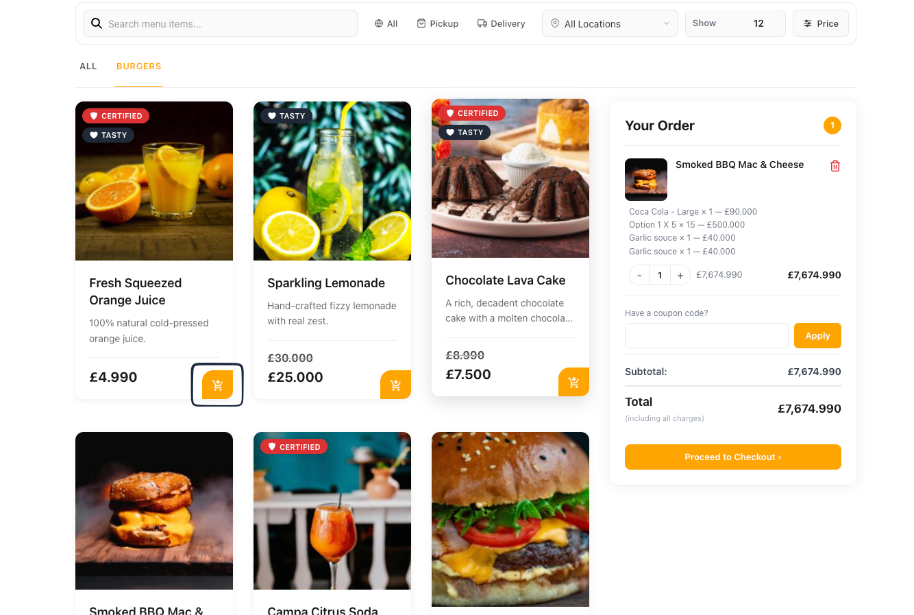 WP Cafe food menu card showing the Optiontics Customize icon