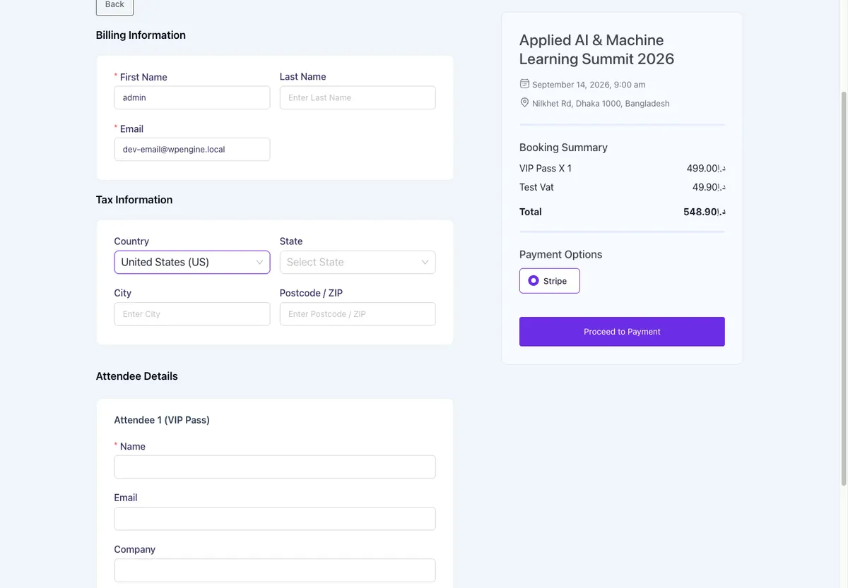 Eventin booking page showing a Tax Information address block and a Booking Summary that itemizes the ticket, a Test Vat tax line, and the updated Total, paying via Stripe.