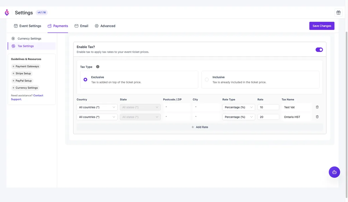 Eventin Settings → Payments → Tax Settings panel with the Enable Tax toggle on, Tax Type set to Exclusive, and a rate table showing Country, State, Postcode / ZIP, City, Rate Type, Rate and Tax Name columns.