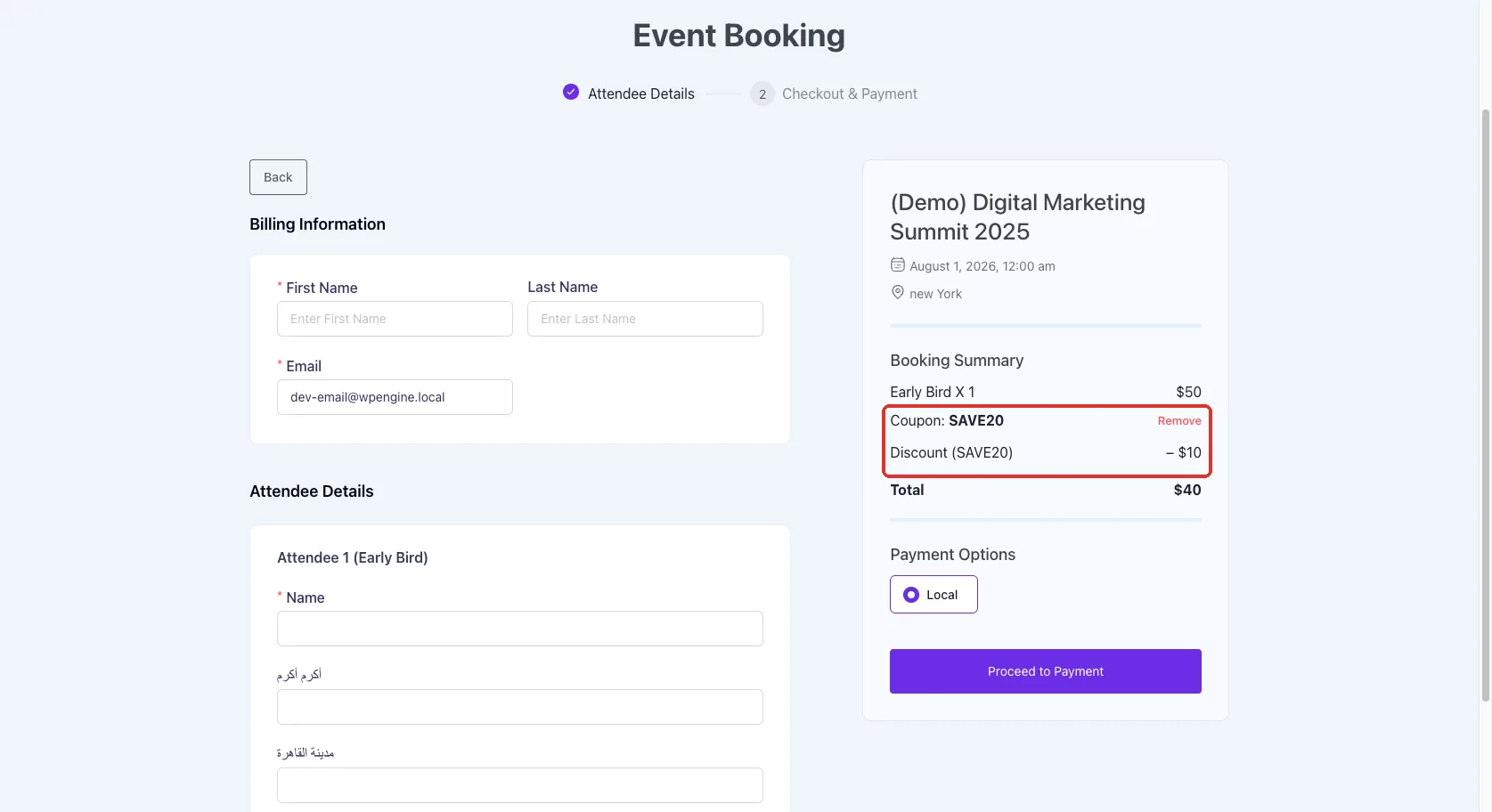 Eventin checkout page with coupon