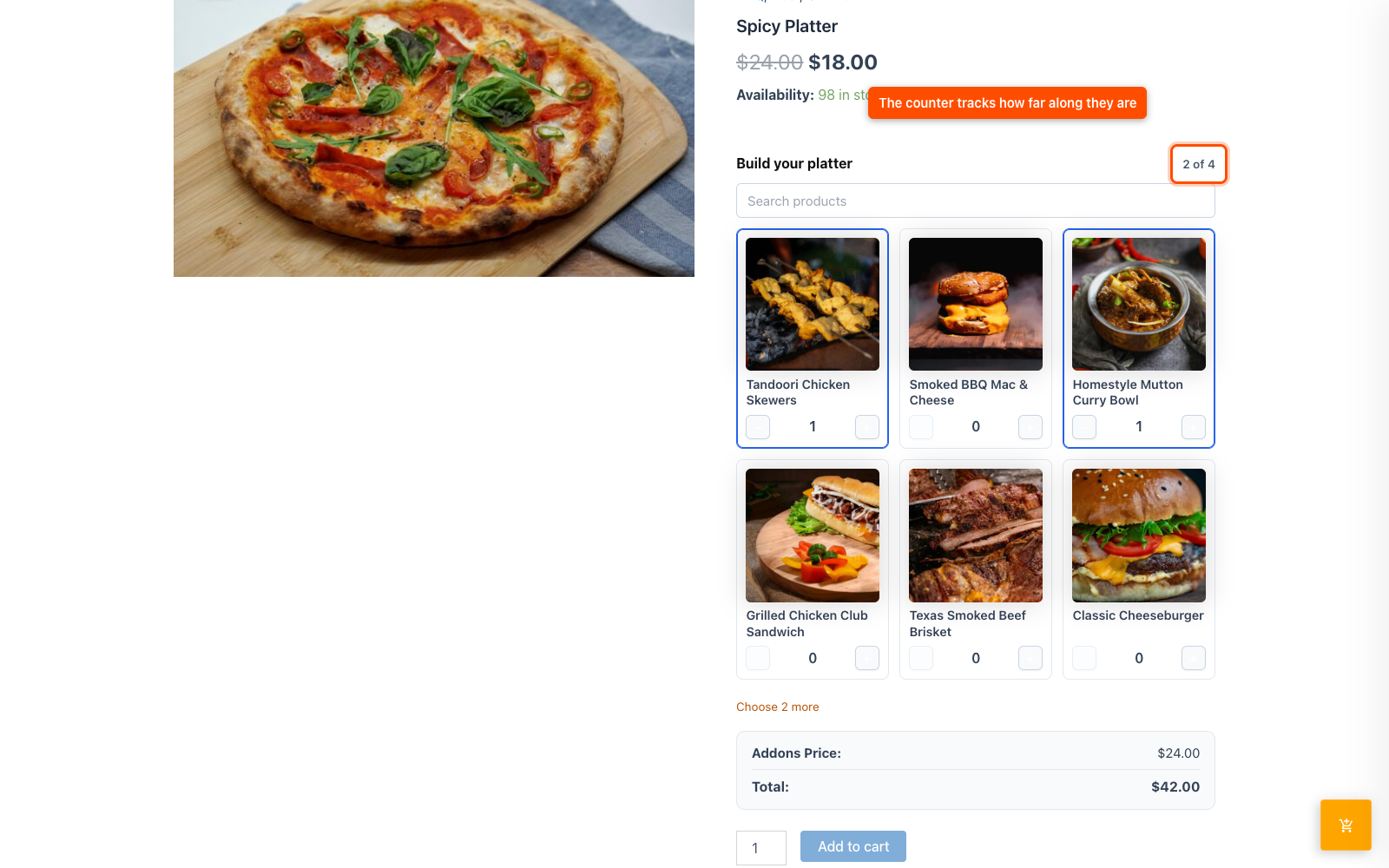 The Mix and Match picker on a WooCommerce product page, showing a two of four counter