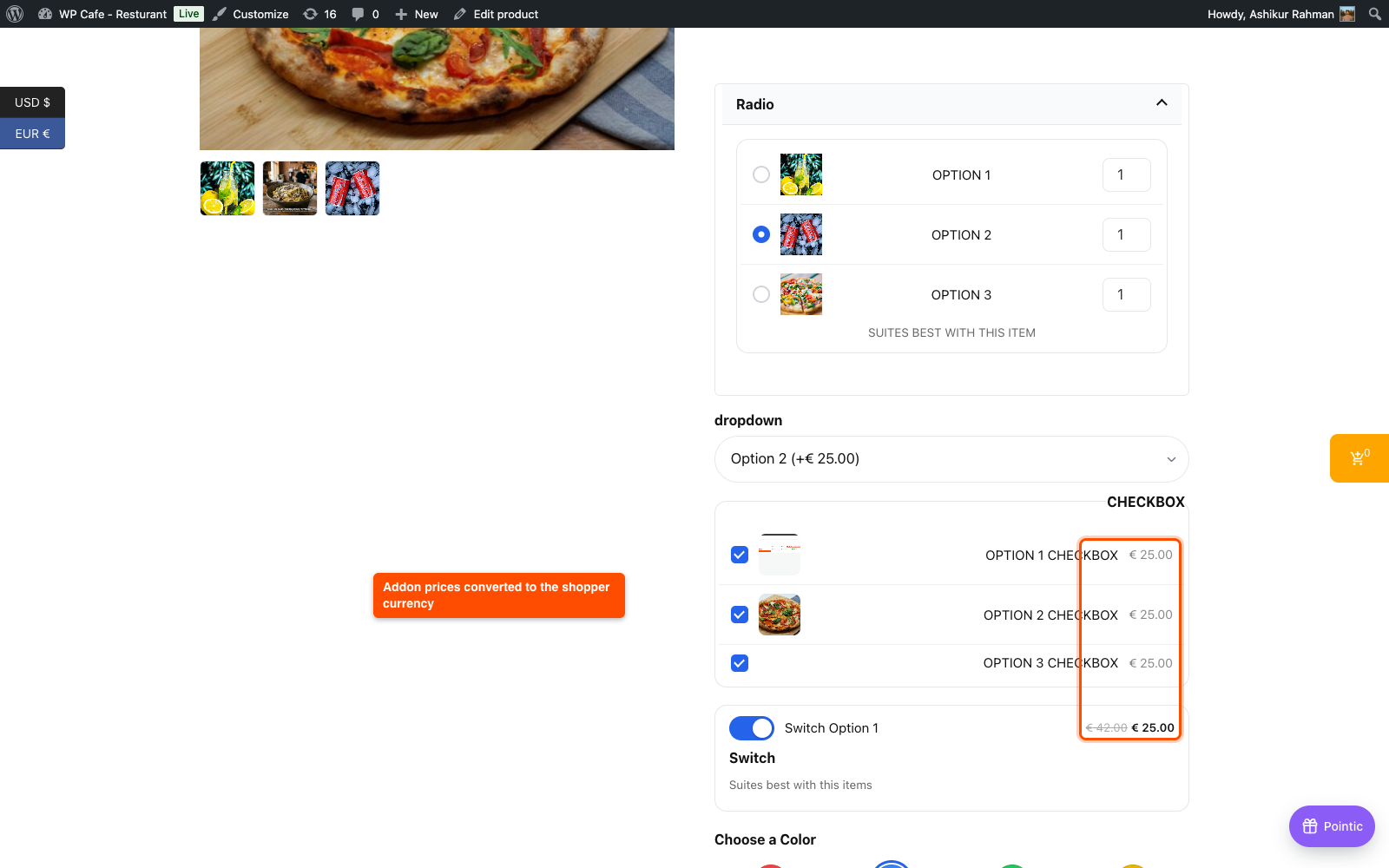Product page showing Optiontics addon prices converted to euros