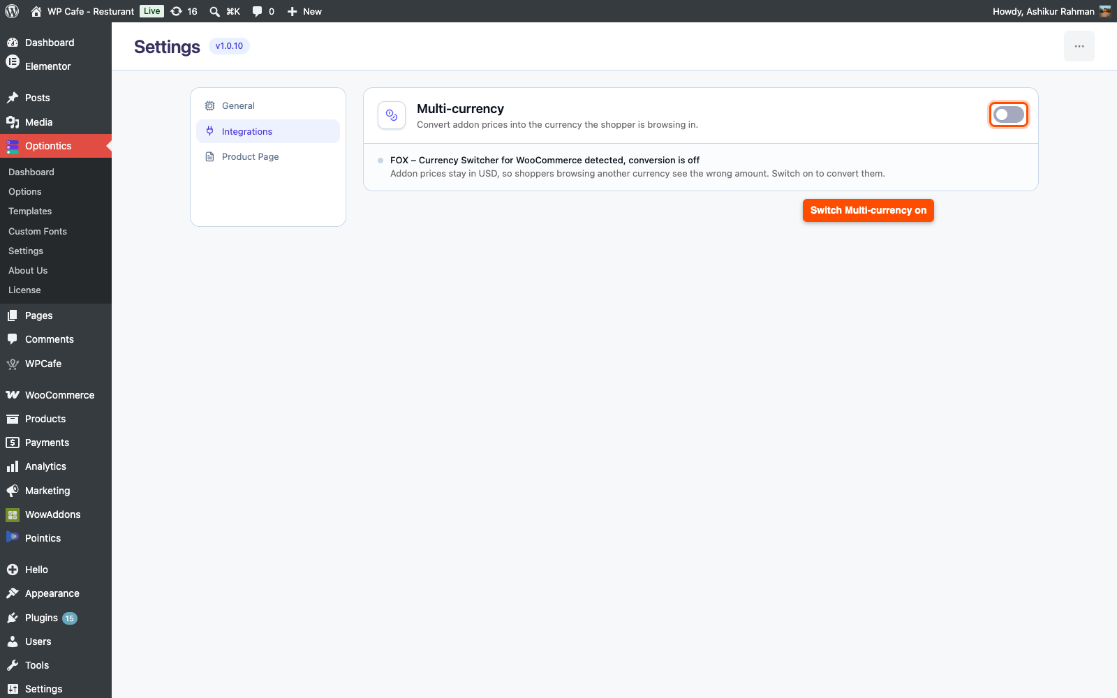 Optiontics Settings Integrations tab with the Multi-currency switch turned off