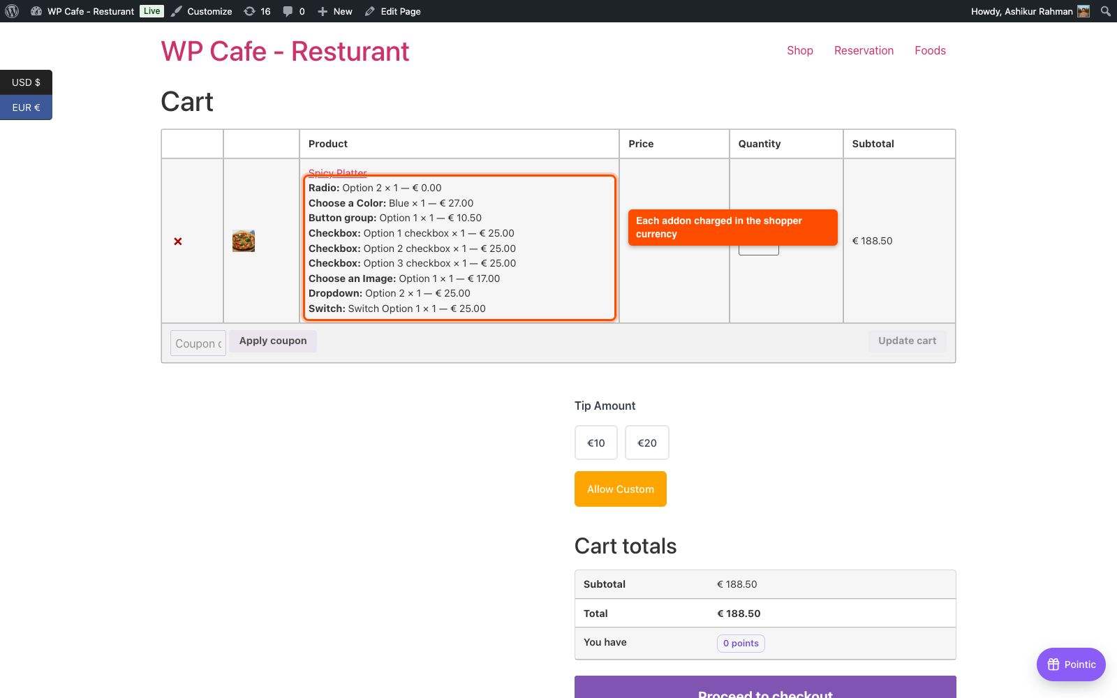 Cart page showing each Optiontics addon charged in euros with a converted subtotal