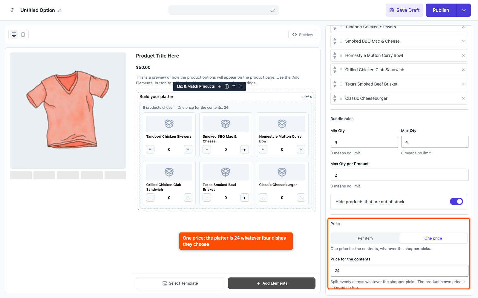 The pricing mode set to One price with a contents price of 24