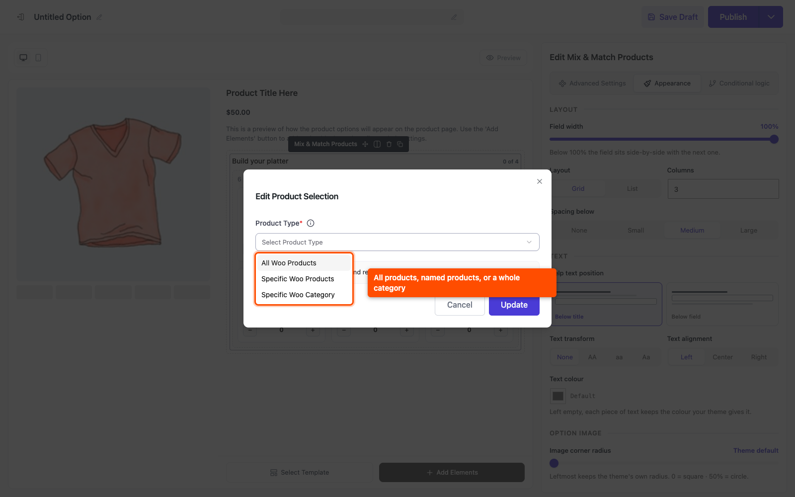 The Product Selection dialog offering all products, named products, or a category