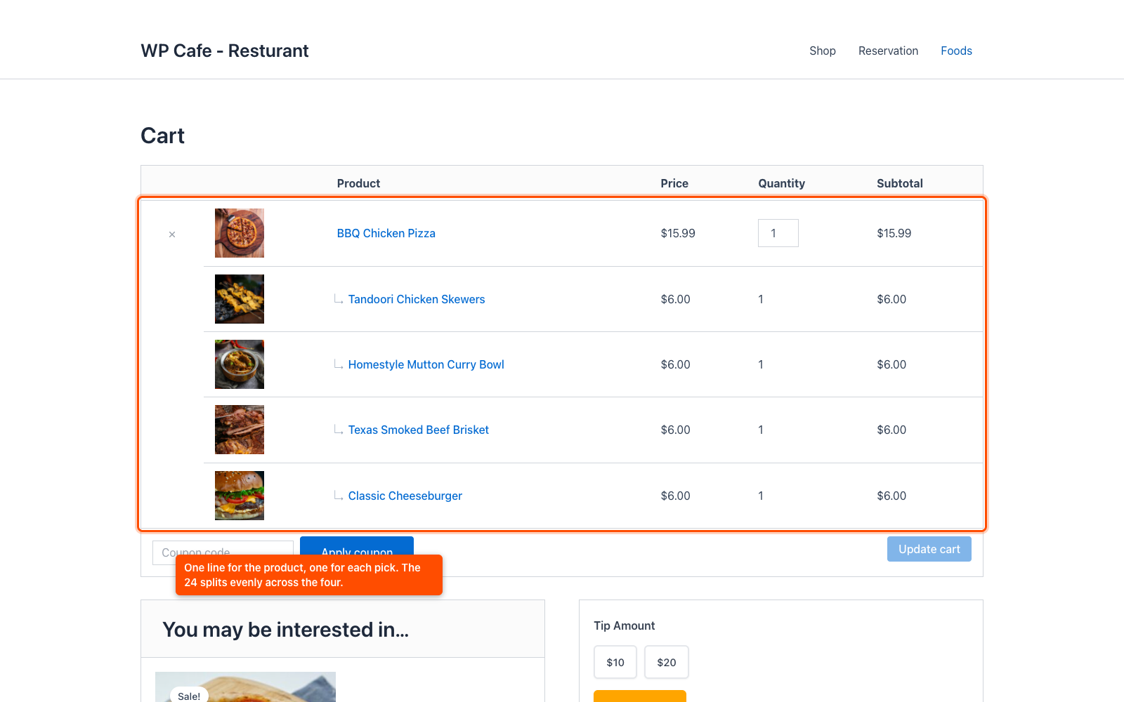 The WooCommerce cart showing the product line with four indented picks beneath it