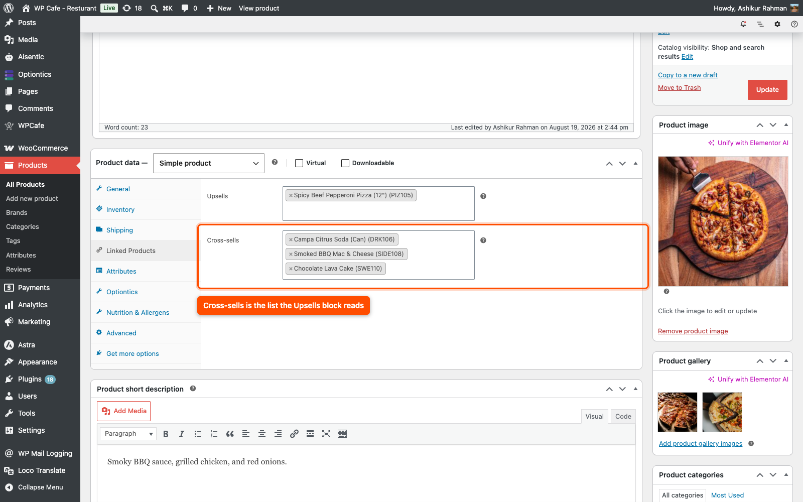 The WooCommerce Linked Products tab with three extras added to the Cross-sells field