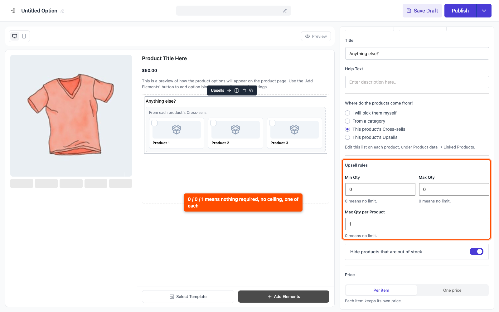 Upsell rules left at their defaults of zero, zero and one per product
