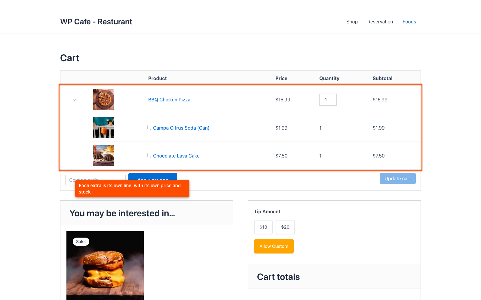 The WooCommerce cart showing a pizza with two chosen extras as separate indented lines