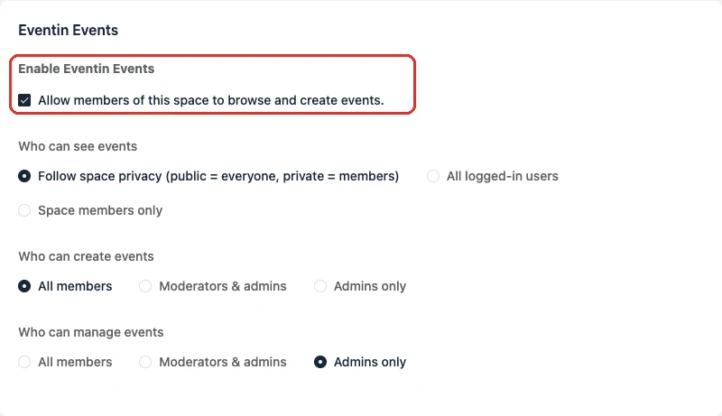 The Eventin Events section inside a FluentCommunity space's General Settings, with the Enable Eventin Events checkbox ticked and the three permission options below it.